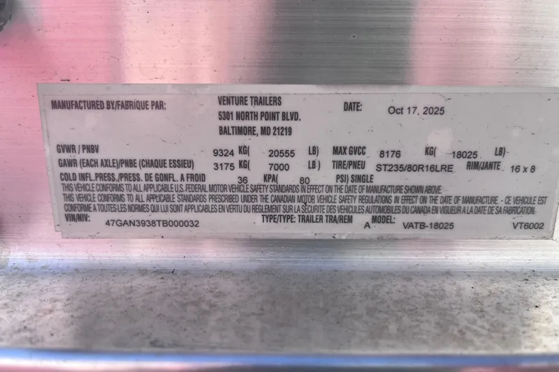  Yacht Photos Pics Label on Venture Trailers, dated Oct 17, 2025, with specifications and VIN details.
