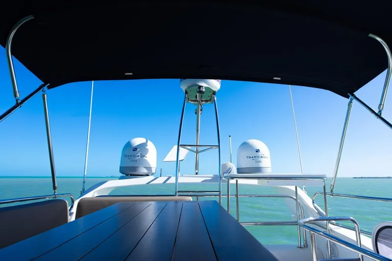 Seanner Yacht Photos Pics Azimut 45 Flybridge 2014 yacht flybridge view with blue ocean and sky.