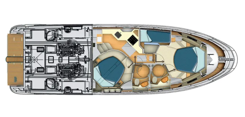 Seanner Yacht Photos Pics Floor plan of a 2014 Azimut 45 Flybridge yacht, showcasing interior layout and engine room.