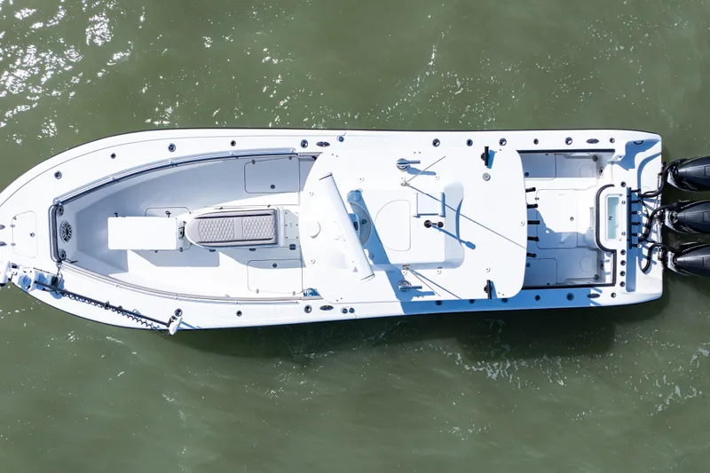  Yacht Photos Pics Overhead view of 2019 Yellowfin 36 Offshore boat on water.