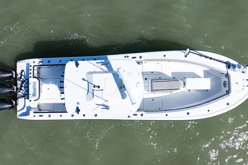  Yacht Photos Pics Overhead view of 2019 Yellowfin 36 Offshore boat on water.