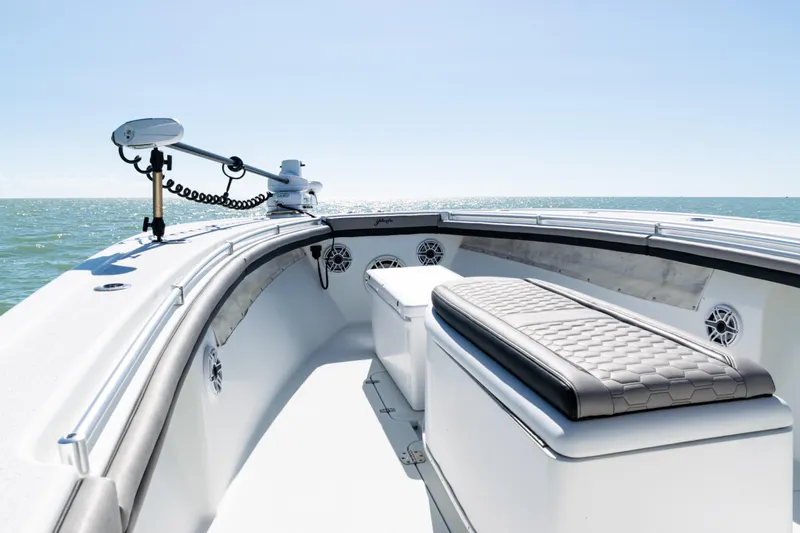 Yacht Photos Pics 2019 Yellowfin 36 Offshore boat interior with seating, ocean view, and clear sky.