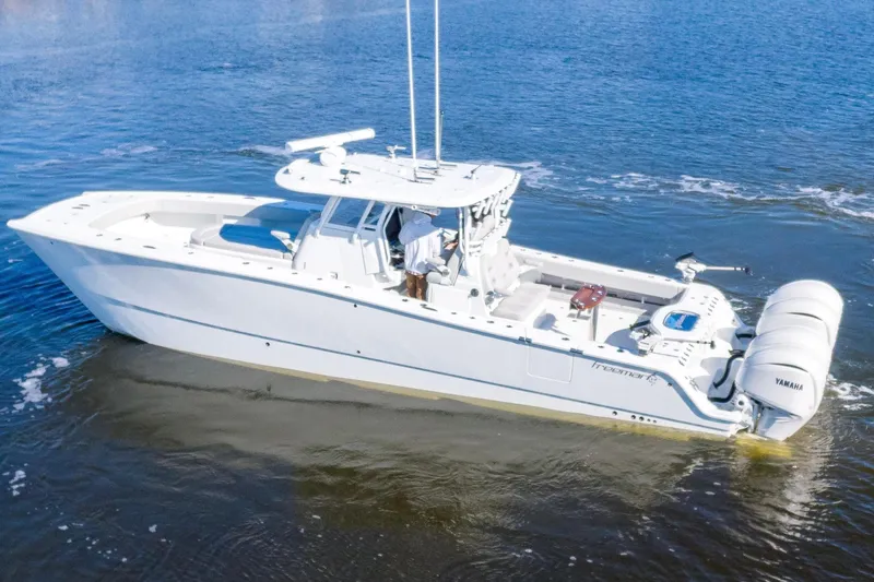  Yacht Photos Pics 2024 Freeman 38 boat on water with dual Yamaha engines.