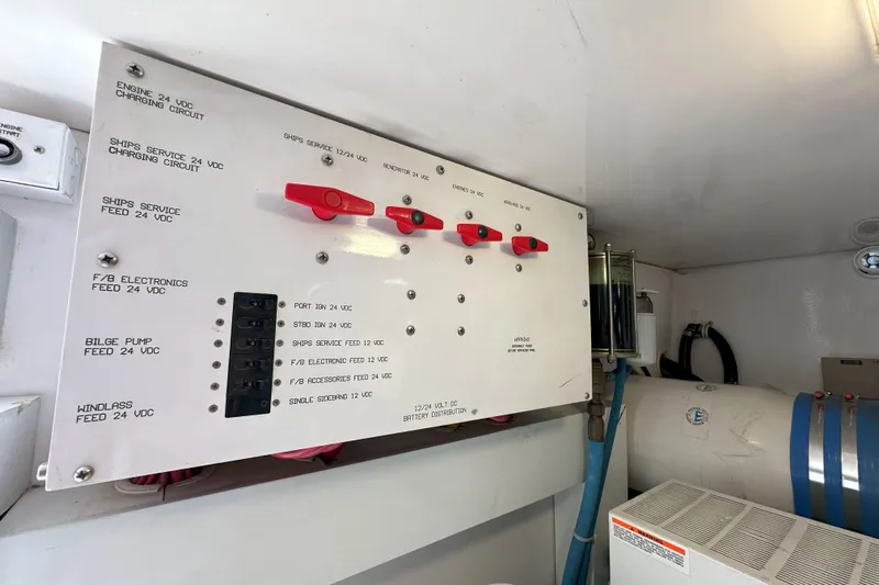 Journey Yacht Photos Pics Electrical panel in 2003 Viking 48 Convertible boat engine room.