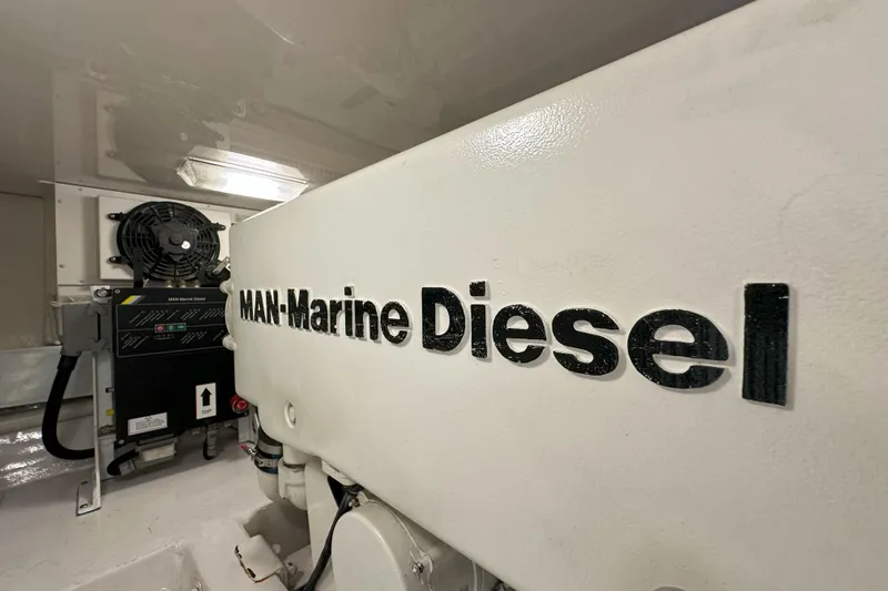 Journey Yacht Photos Pics Engine room of 2003 Viking 48 Convertible with MAN Marine Diesel engine.