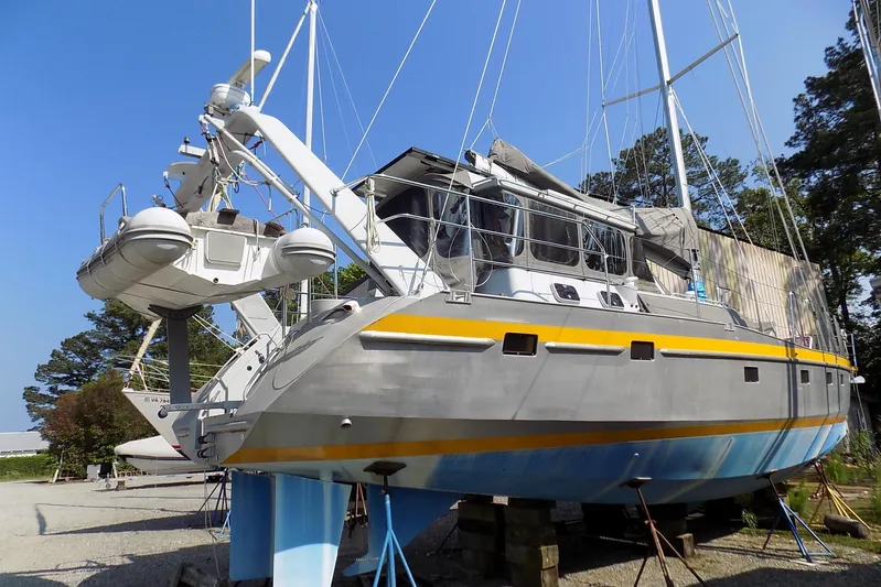  Yacht Photos Pics Custom 2014 Aluminum Expedition yacht on dry dock, featuring a sleek design and vibrant colors.