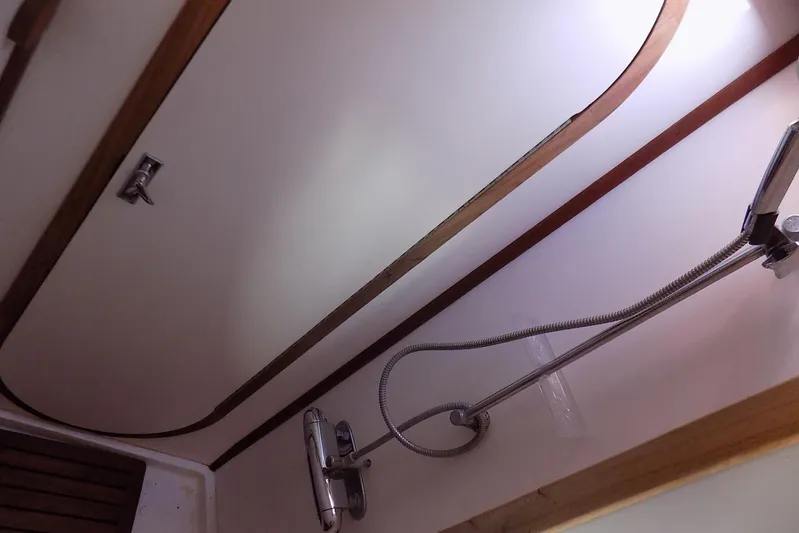  Yacht Photos Pics Shower area in 2014 Custom Aluminum Expedition boat with wooden trim.