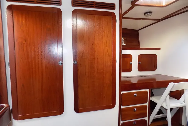  Yacht Photos Pics Interior of 2014 Custom Aluminum Expedition with wooden cabinets and desk.