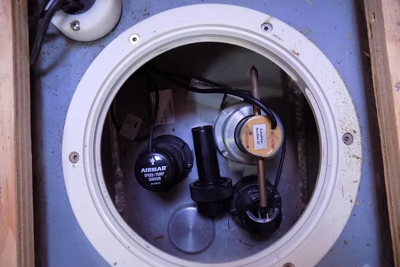 Yacht Photos Pics Boat compartment with Airmar speed/temp sensor, Custom Aluminum Expedition 2014 model.