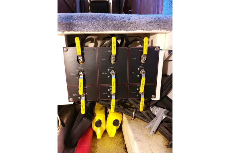  Yacht Photos Pics Electrical panel with labeled switches on a 1991 Bayliner 4588 Pilothouse boat.