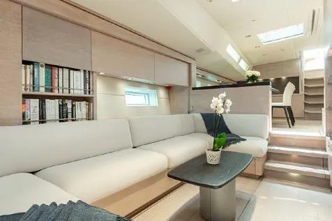 Thalima Yacht Photos Pics Luxurious interior of 2010 Southern Wind SW110 yacht with modern seating and decor.