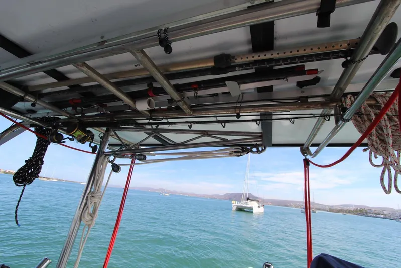  Yacht Photos Pics View from a 2003 Beneteau 473 sailboat, showcasing rigging and ocean scenery.