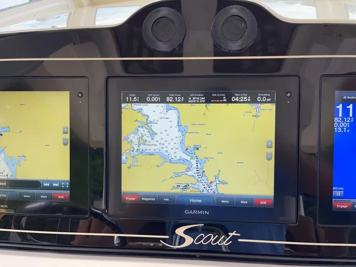  Yacht Photos Pics Garmin navigation display on 2016 Scout 350 LXF boat dashboard.