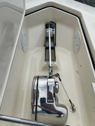  Yacht Photos Pics Anchor compartment of a 2016 Scout 350 LXF boat with chrome fittings.