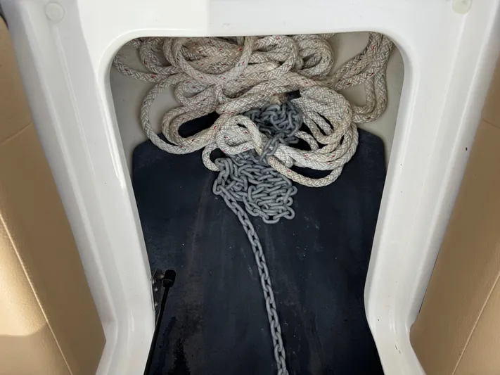  Yacht Photos Pics Rope and chain storage in 2022 Sea Ray SLX 310 boat compartment.