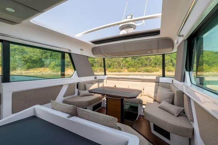  Yacht Photos Pics Interior of 2024 Axopar 45 XC Cross Cabin with panoramic windows.