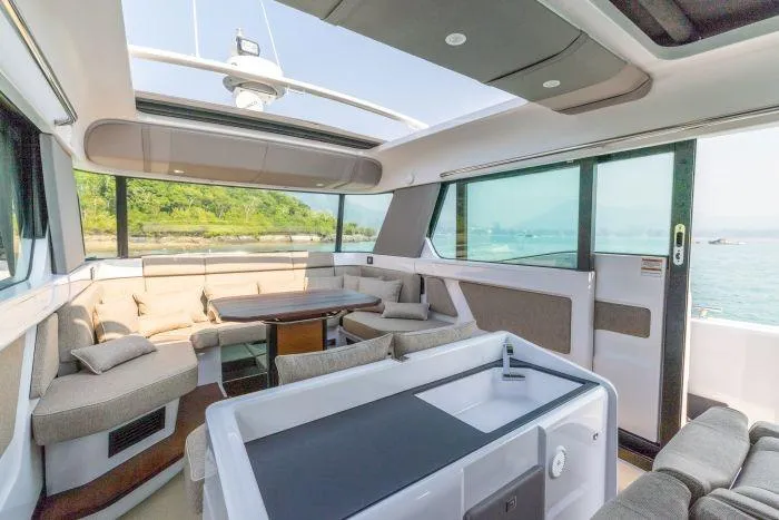  Yacht Photos Pics Interior of 2024 Axopar 45 XC Cross Cabin with luxurious amenities.