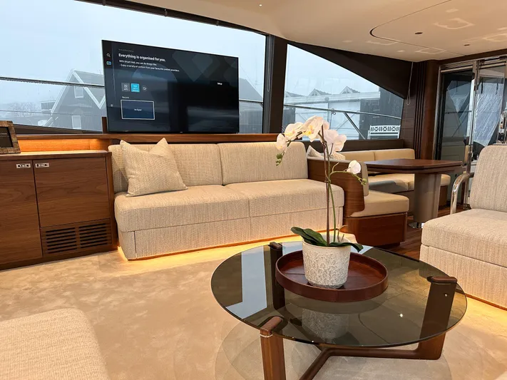 F65020 Yacht Photos Pics Luxurious interior of 2024 Princess F65 yacht with modern decor and elegant furnishings.