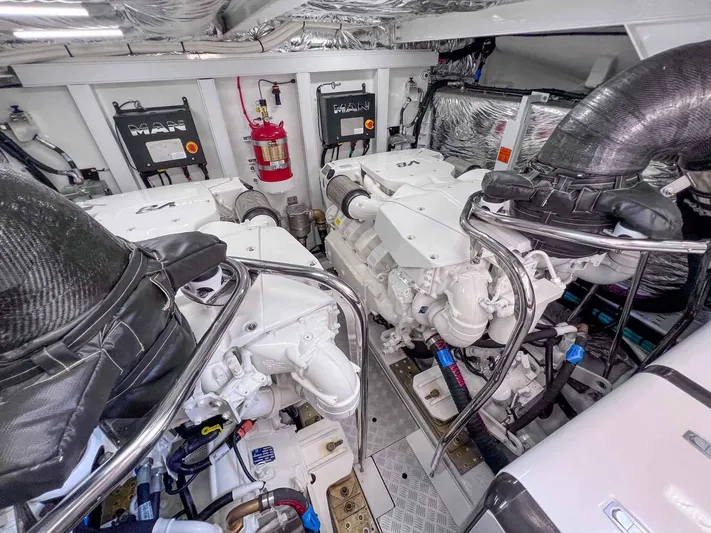 F65020 Yacht Photos Pics Engine room of 2024 Princess F65 yacht, featuring dual MAN engines and safety equipment.