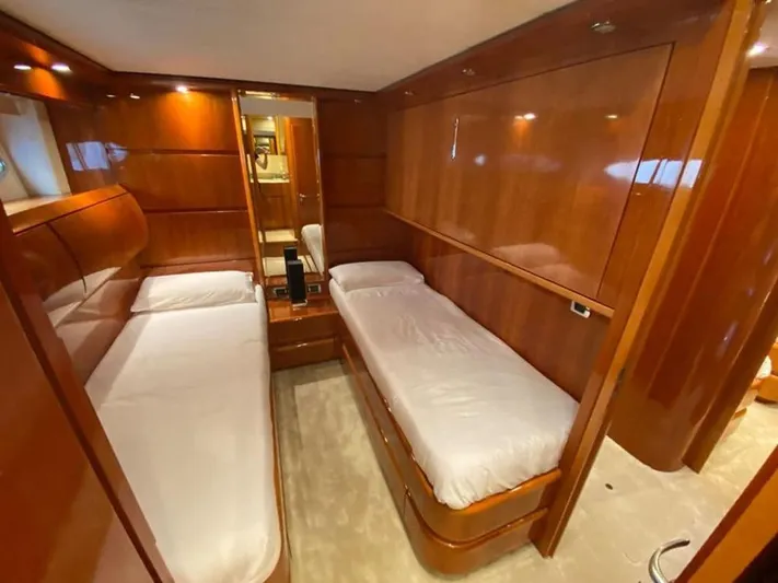 Yaiza Yacht Photos Pics Luxurious twin cabin in 2000 Astondoa 82 GLX yacht with wooden interior.
