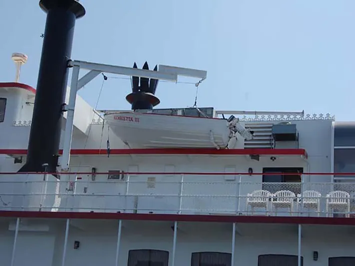 Capt. Jp III Yacht Photos Pics A 1985 Custom Serodino Dinner Boat with lifeboat and deck seating.