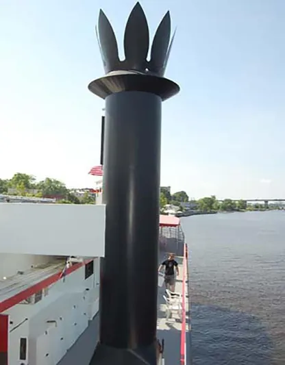 Capt. Jp III Yacht Photos Pics Custom 1985 Serodino Dinner Boat with unique smokestack design on a river.