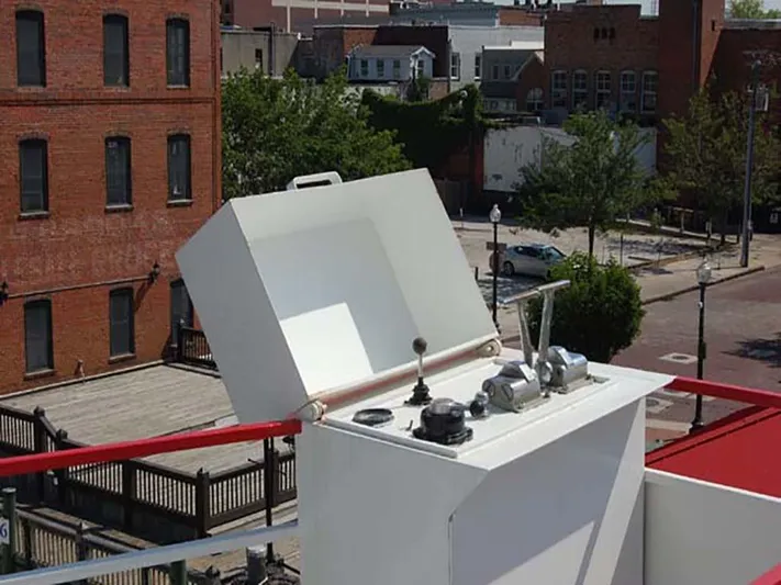 Capt. Jp III Yacht Photos Pics Control panel on 1985 Custom Serodino Dinner Boat, with urban background.