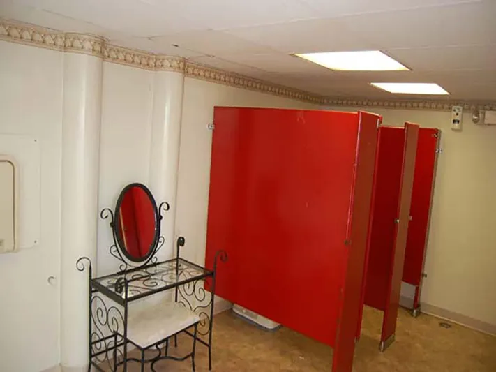 Capt. Jp III Yacht Photos Pics Restroom with red stalls and ornate vanity on a 1985 Custom Serodino Dinner Boat.