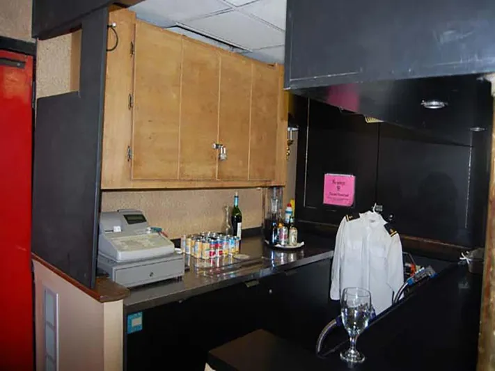 Capt. Jp III Yacht Photos Pics Bar area on 1985 Custom Serodino Dinner Boat with cash register and drinks.