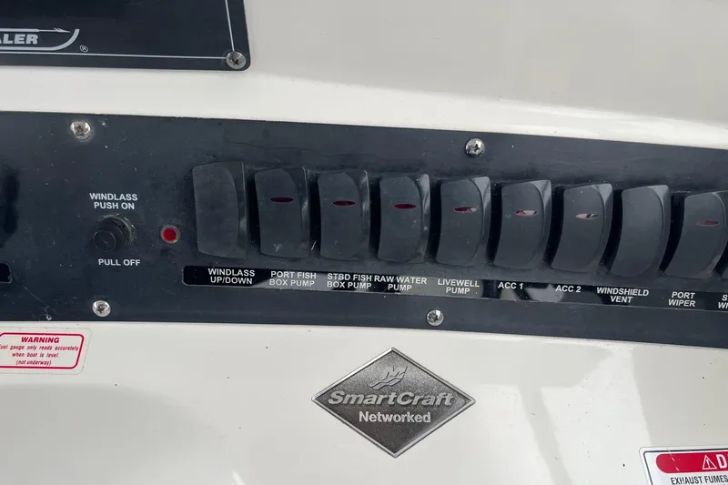 Rock N Reel Yacht Photos Pics Control panel of a 2005 Boston Whaler 305 Conquest boat with SmartCraft system.