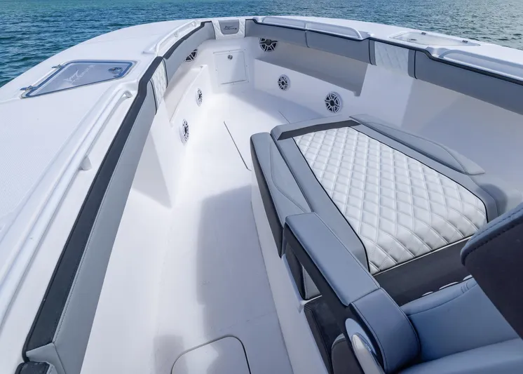  Yacht Photos Pics Luxurious interior of 2025 Streamline R 35 boat with cushioned seating and sleek design.