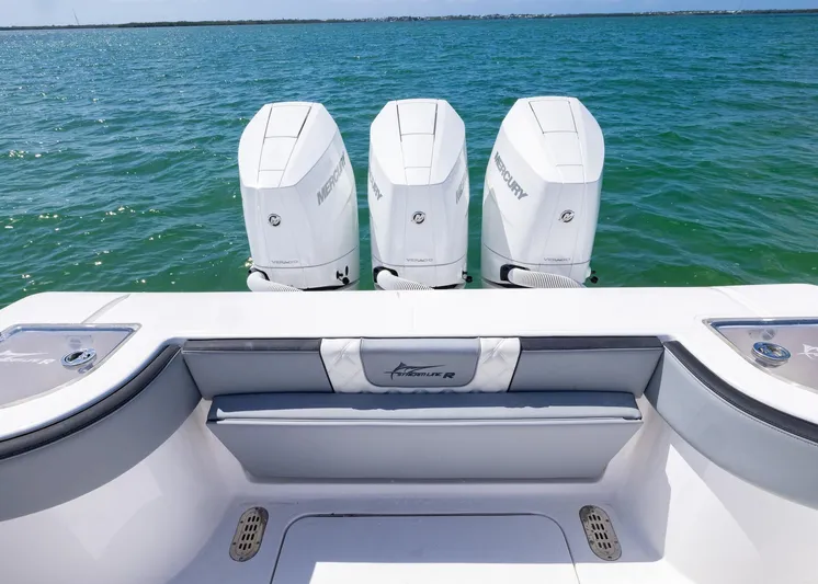  Yacht Photos Pics 2025 Streamline R 35 boat with triple Mercury outboard engines on open water.