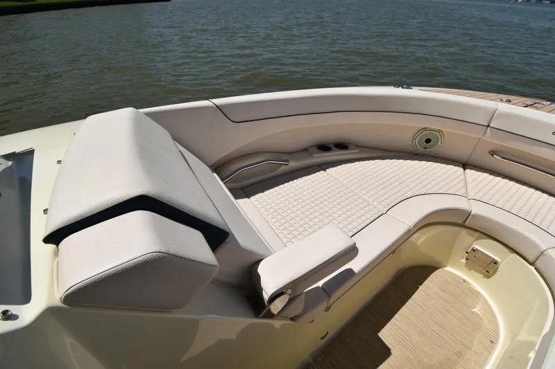  Yacht Photos Pics 2023 Chris-Craft Launch 31 GT boat interior with luxurious seating by the water.