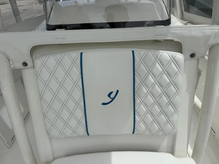  Yacht Photos Pics White quilted boat seat with blue accent, Young 27 model, 2019.