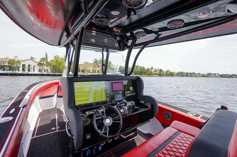  Yacht Photos Pics Interior of 2020 Statement 380 Open boat with modern cockpit design.