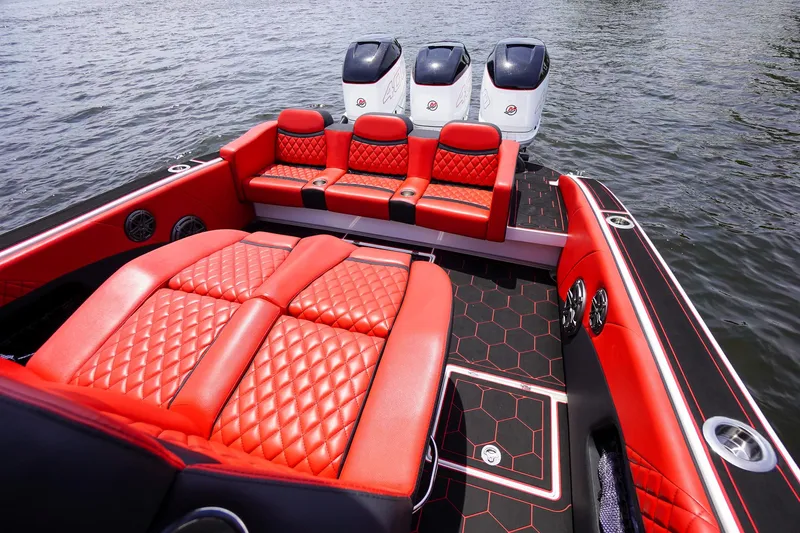  Yacht Photos Pics Luxurious 2020 Statement 380 Open boat with red seating.