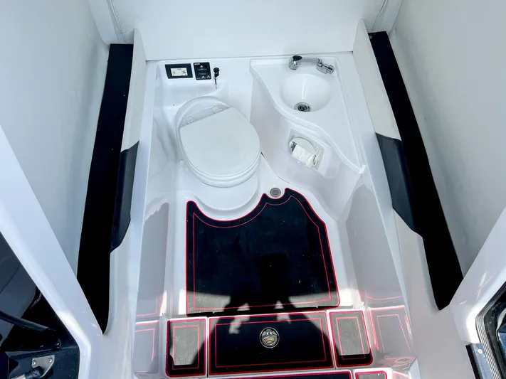  Yacht Photos Pics Interior of 2020 Statement 380 Open with toilet and sink.