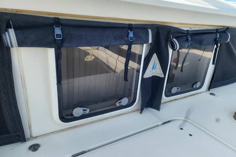 Myrto Yacht Photos Pics Lagoon 400 catamaran windows with protective covers, 2012 model.