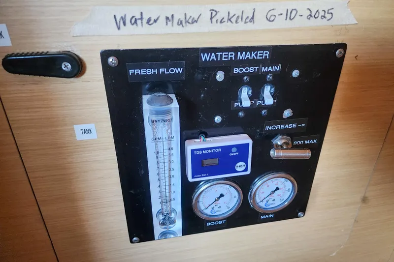 Myrto Yacht Photos Pics Control panel of a Lagoon 400 water maker, labeled "Water Maker Pickled 6-10-2025".