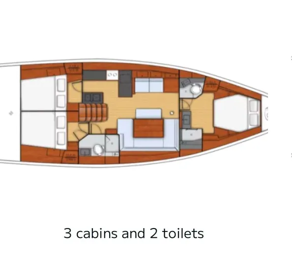  Yacht Photos Pics Floor plan of 2014 Beneteau Oceanis 48 yacht with 3 cabins and 2 toilets.