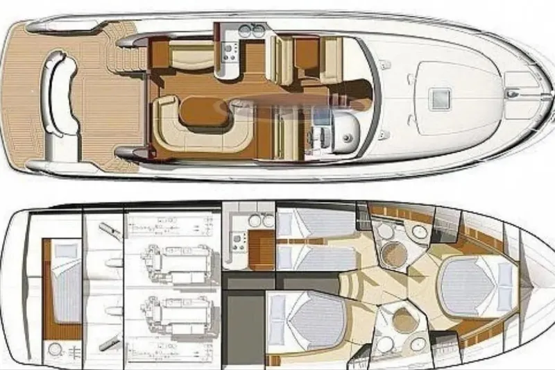  Yacht Photos Pics Floor plan of a 2005 Jeanneau Prestige 46 yacht, showcasing interior layout and design.