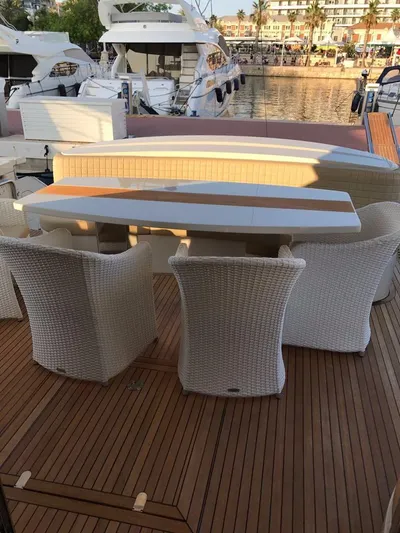  Yacht Photos Pics Luxury yacht deck with wicker chairs and table, Dominator 640 S, 2014 model.