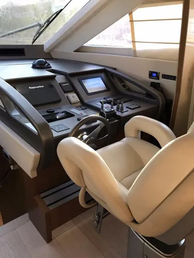  Yacht Photos Pics Cockpit of 2014 Dominator 640 S yacht with modern navigation equipment and plush captain's chair.