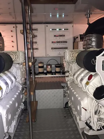  Yacht Photos Pics Engine room of 2014 Dominator 640 S yacht with control panels and machinery.