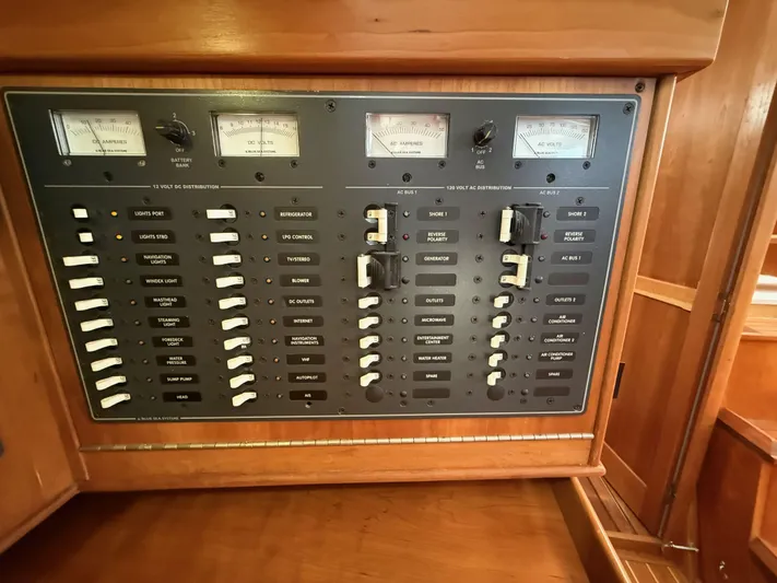 Chance Yacht Photos Pics Electrical control panel on a 1999 Tartan 4100 yacht, featuring switches and gauges.