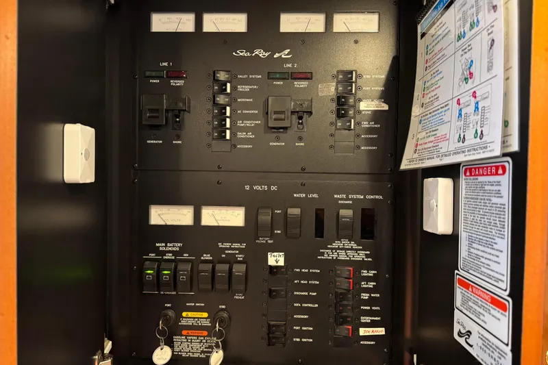 Solid Rock Yacht Photos Pics Electrical control panel of a 2003 Sea Ray 380 Sundancer boat.