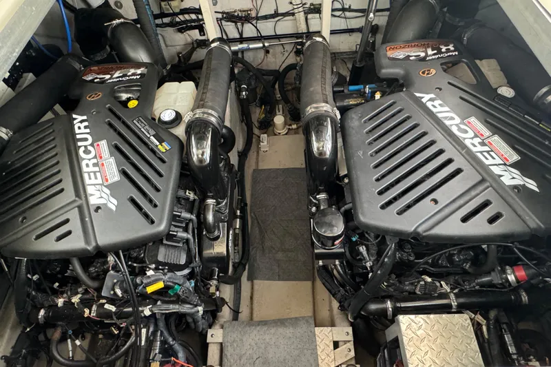 Solid Rock Yacht Photos Pics Engine room of a 2003 Sea Ray 380 Sundancer with twin Mercury engines.