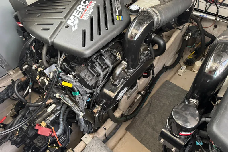 Solid Rock Yacht Photos Pics Engine compartment of a 2003 Sea Ray 380 Sundancer with MerCruiser components.