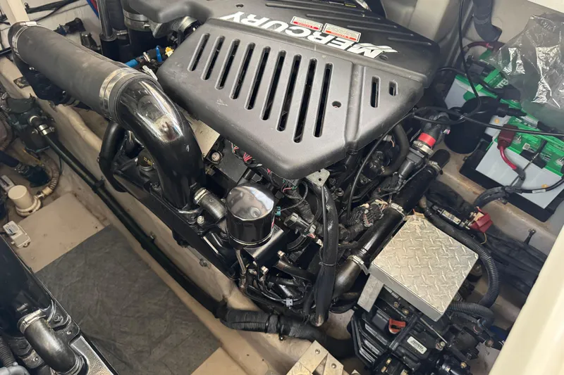 Solid Rock Yacht Photos Pics Engine compartment of a 2003 Sea Ray 380 Sundancer with MerCruiser components.
