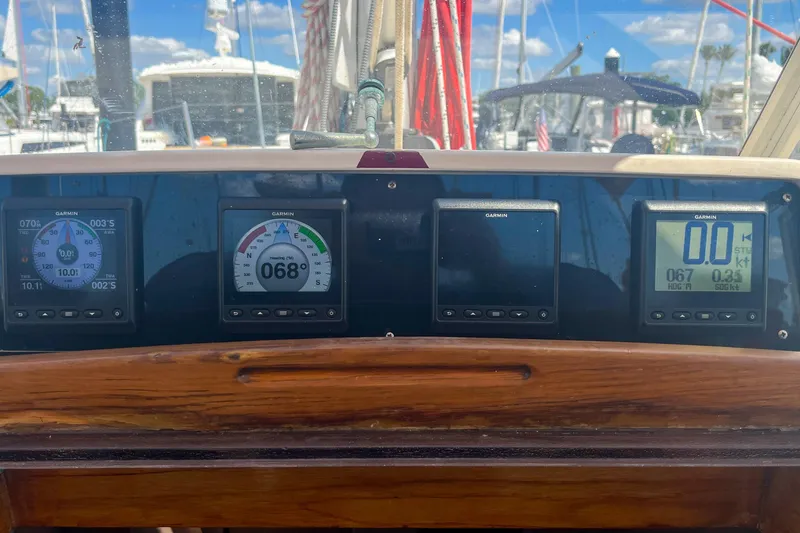 Pacific Pearl Yacht Photos Pics Cockpit of 1991 Oyster LW48 sailboat with Garmin navigation instruments.